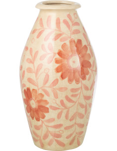 Grand Vase bohème méditerranéen Ovoïde H 43 cm Grès Blanc cassé Orange Motif fleurs Floralya 