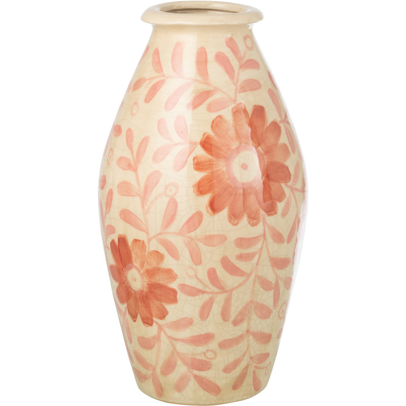 Grand Vase bohème méditerranéen Ovoïde H 43 cm Grès Blanc cassé Orange Motif fleurs Floralya 
