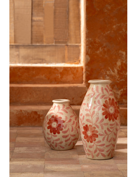 Grand Vase bohème méditerranéen Ovoïde H 43 cm Grès Blanc cassé Orange Motif fleurs Floralya 