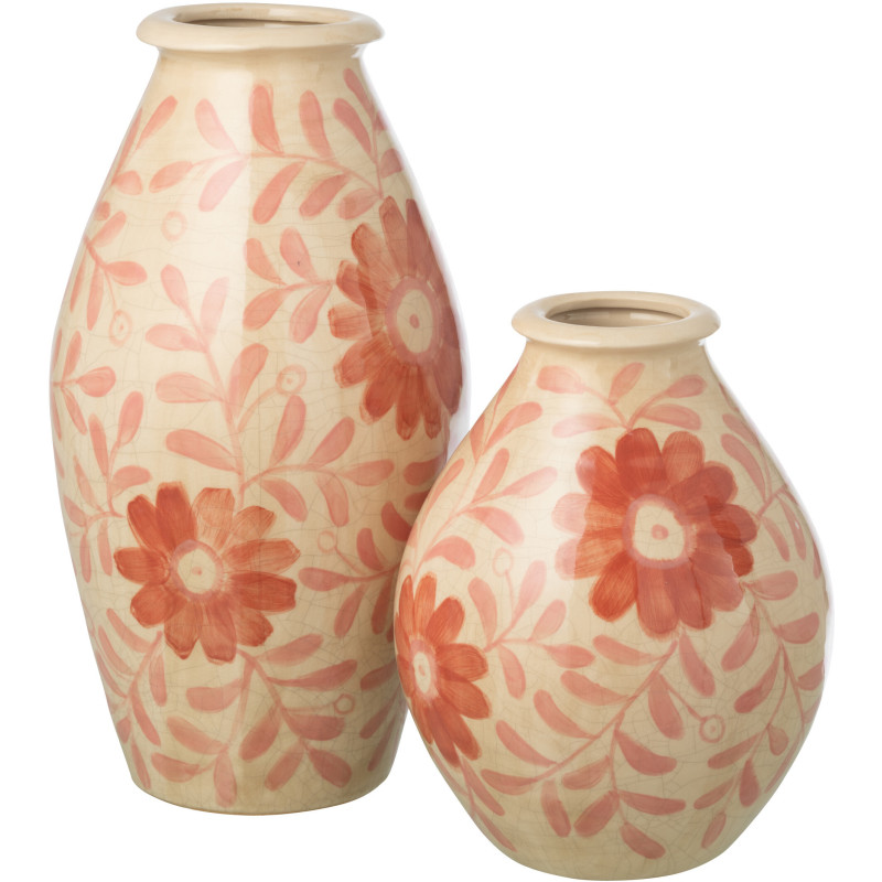 Grand Vase bohème méditerranéen Ovoïde H 43 cm Grès Blanc cassé Orange Motif fleurs Floralya 