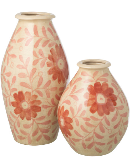 Grand Vase bohème méditerranéen Ovoïde H 43 cm Grès Blanc cassé Orange Motif fleurs Floralya 