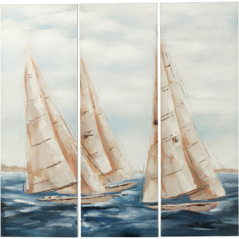 Grand Triptyque mural peint Voiliers 120x120 Bleu Beige Vog 