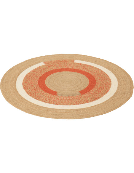 Grand Tapis Japandi Rond 150x150 Jute Naturel Orange Tressé Motif géométrique Hikariro 