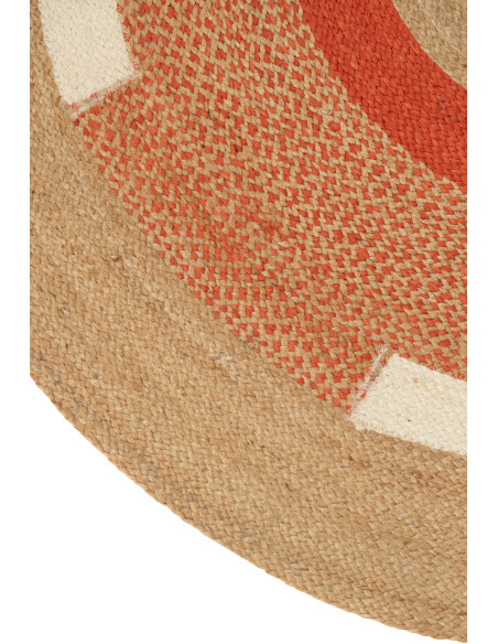 Grand Tapis Japandi Rond 150x150 Jute Naturel Orange Tressé Motif géométrique Hikariro 