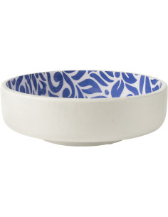 Grand Saladier style méditerranéen Rond 38 cm Bois de manguier Blanc Bleu Motif fleurs Azuriva 