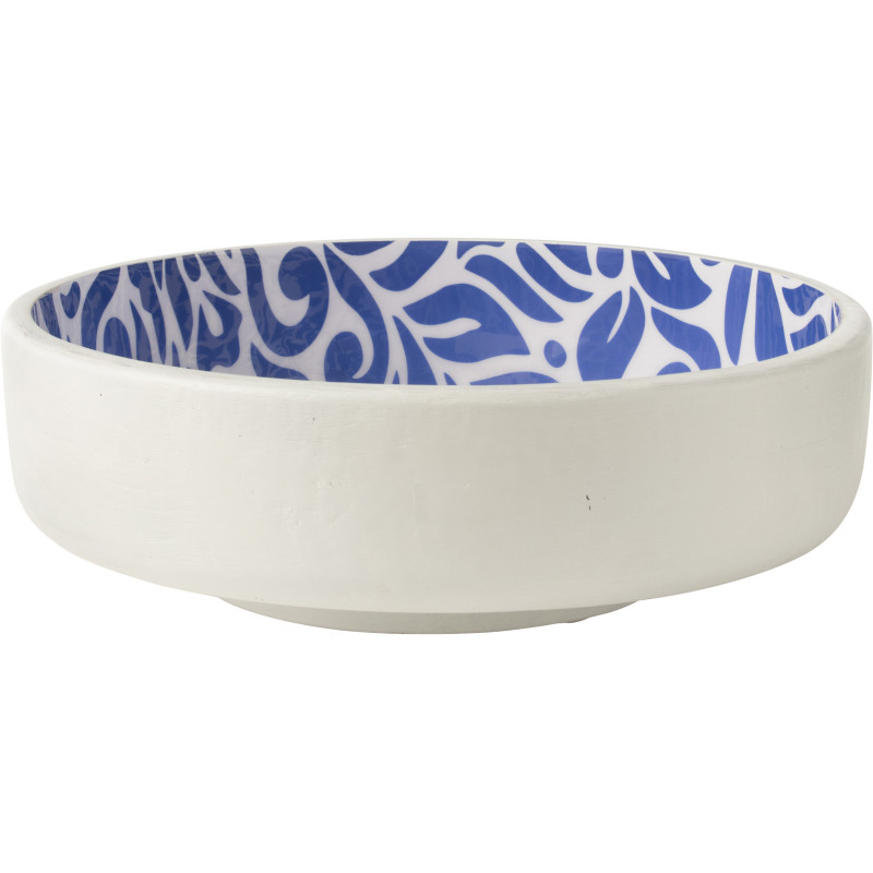 Grand Saladier style méditerranéen Rond 38 cm Bois de manguier Blanc Bleu Motif fleurs Azuriva 