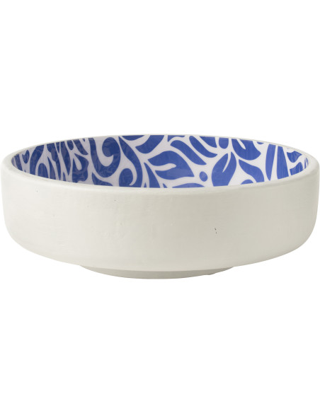 Grand Saladier style méditerranéen Rond 38 cm Bois de manguier Blanc Bleu Motif fleurs Azuriva 