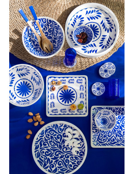 Grand Saladier style méditerranéen Rond 38 cm Bois de manguier Blanc Bleu Motif fleurs Azuriva 