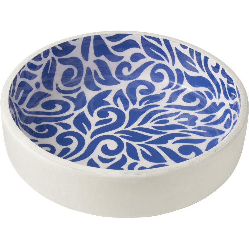 Grand Saladier style méditerranéen Rond 38 cm Bois de manguier Blanc Bleu Motif fleurs Azuriva 
