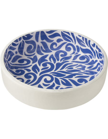 Grand Saladier style méditerranéen Rond 38 cm Bois de manguier Blanc Bleu Motif fleurs Azuriva 
