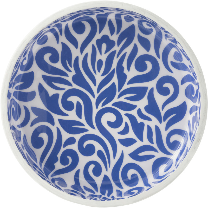 Grand Saladier style méditerranéen Rond 38 cm Bois de manguier Blanc Bleu Motif fleurs Azuriva 