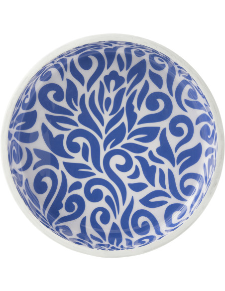Grand Saladier style méditerranéen Rond 38 cm Bois de manguier Blanc Bleu Motif fleurs Azuriva 