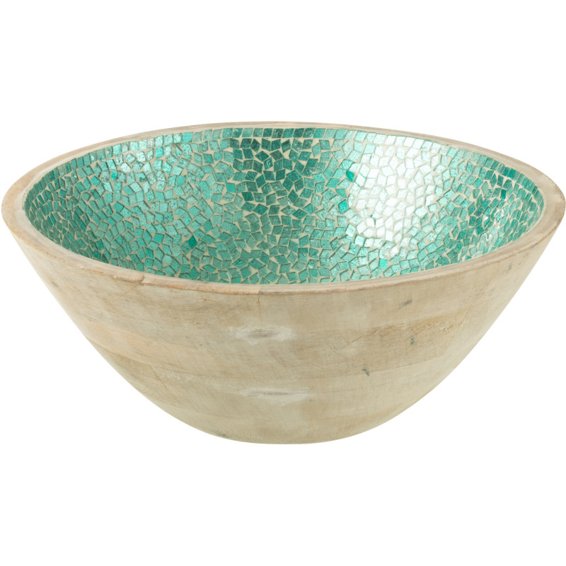 Grand Saladier style méditerranéen Rond 35 cm Bois de manguier Naturel Turquoise Mosaïque Kalanka 