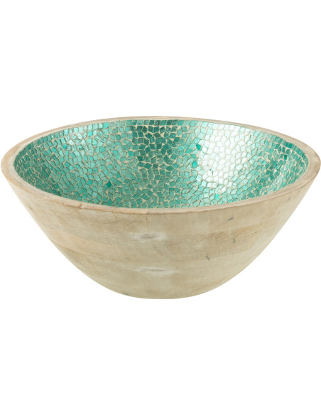 Grand Saladier style méditerranéen Rond 35 cm Bois de manguier Naturel Turquoise Mosaïque Kalanka 