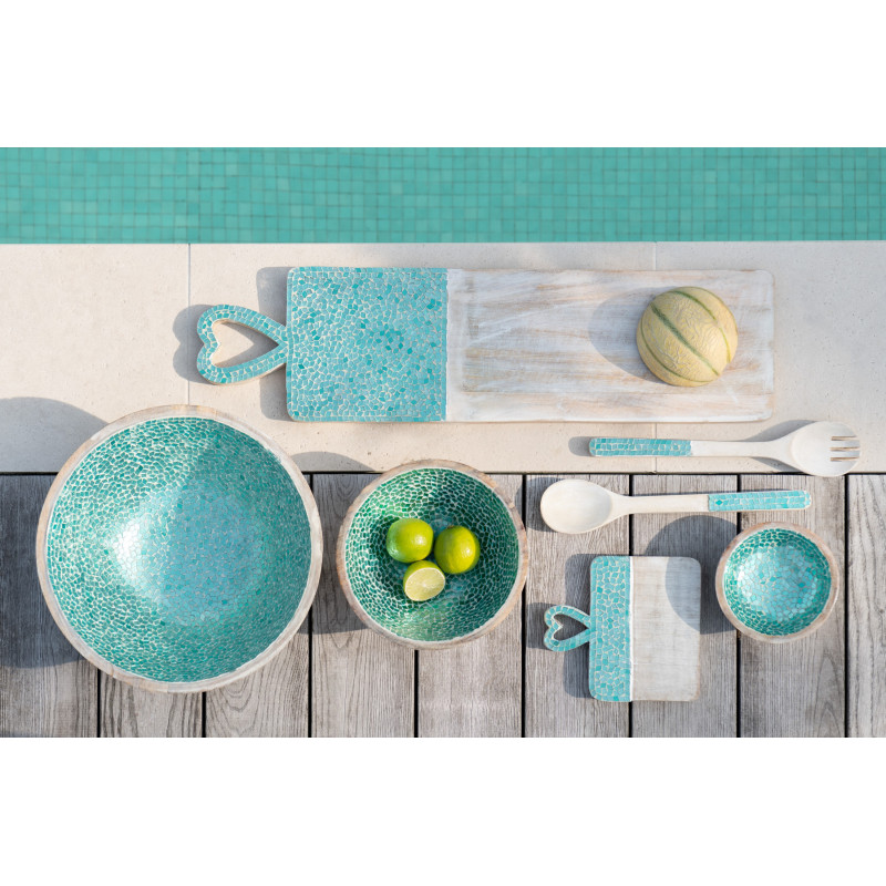 Grand Saladier style méditerranéen Rond 35 cm Bois de manguier Naturel Turquoise Mosaïque Kalanka 