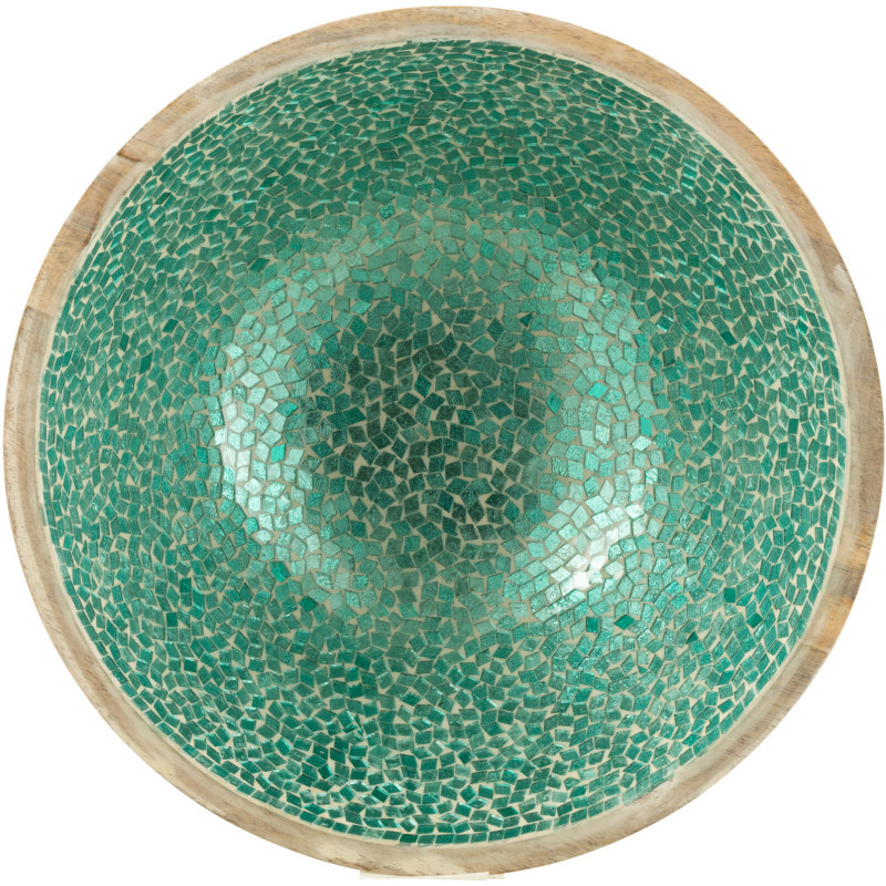 Grand Saladier style méditerranéen Rond 35 cm Bois de manguier Naturel Turquoise Mosaïque Kalanka 