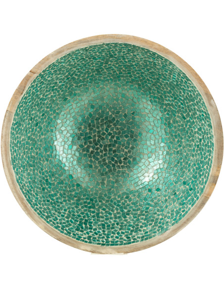 Grand Saladier style méditerranéen Rond 35 cm Bois de manguier Naturel Turquoise Mosaïque Kalanka 