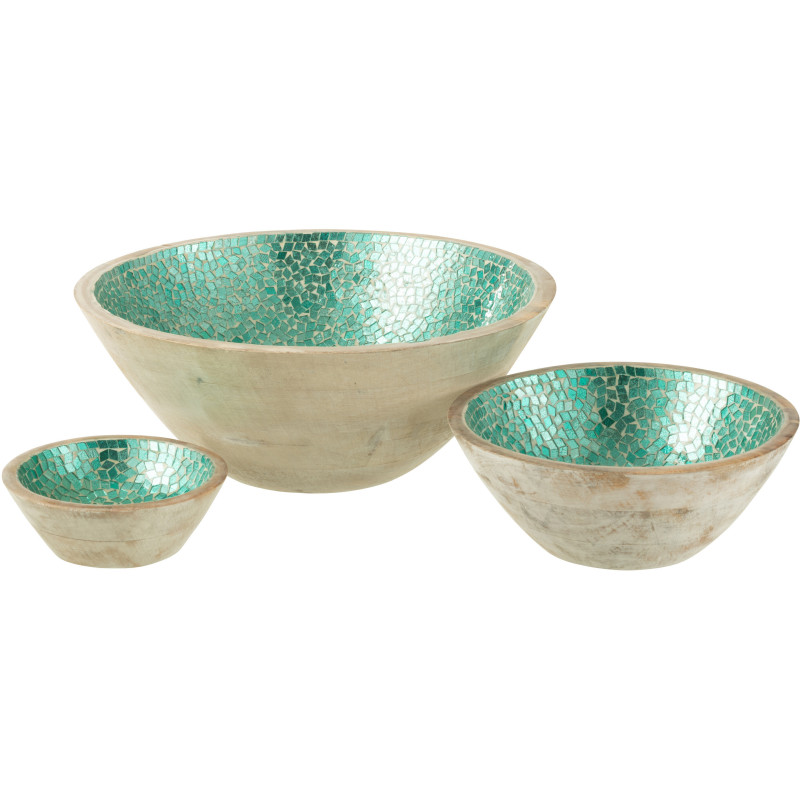 Grand Saladier style méditerranéen Rond 35 cm Bois de manguier Naturel Turquoise Mosaïque Kalanka 