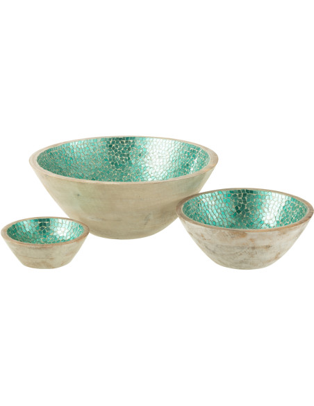 Grand Saladier style méditerranéen Rond 35 cm Bois de manguier Naturel Turquoise Mosaïque Kalanka 