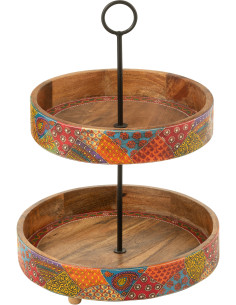 Grand Présentoir de table indien 2 Plateaux Rond 40 cm Bois de manguier Naturel Motif multicolore Delhi 
