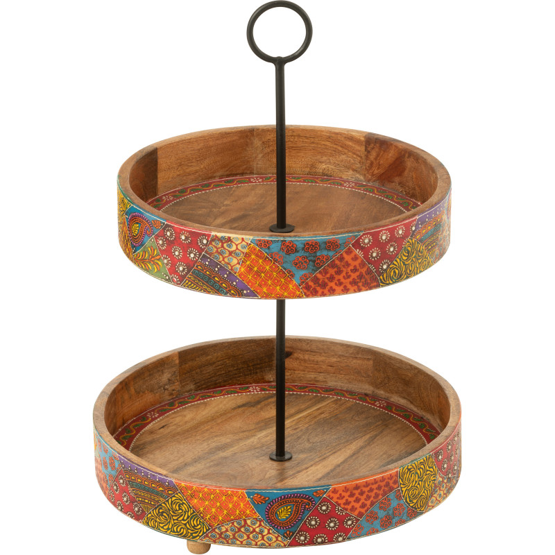 Grand Présentoir de table indien 2 Plateaux Rond 40 cm Bois de manguier Naturel Motif multicolore Delhi 