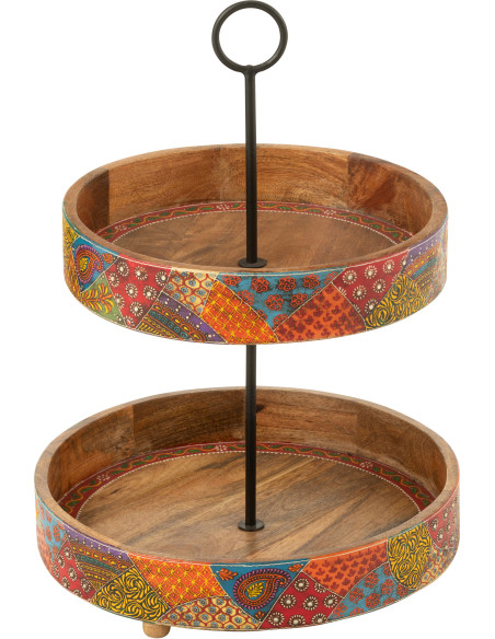 Grand Présentoir de table indien 2 Plateaux Rond 40 cm Bois de manguier Naturel Motif multicolore Delhi 