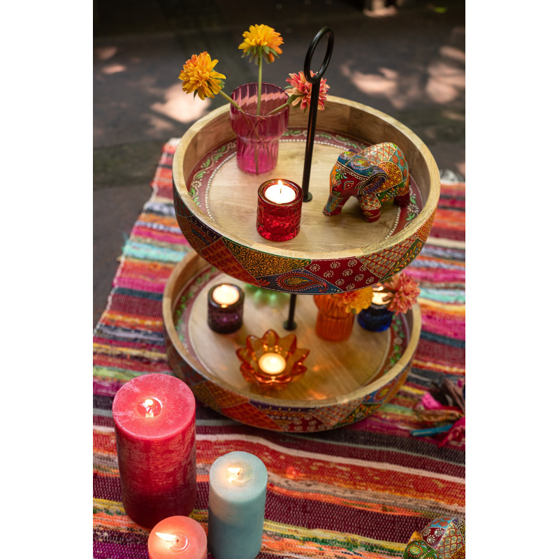 Grand Présentoir de table indien 2 Plateaux Rond 40 cm Bois de manguier Naturel Motif multicolore Delhi 