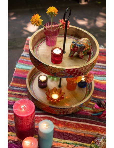 Grand Présentoir de table indien 2 Plateaux Rond 40 cm Bois de manguier Naturel Motif multicolore Delhi 