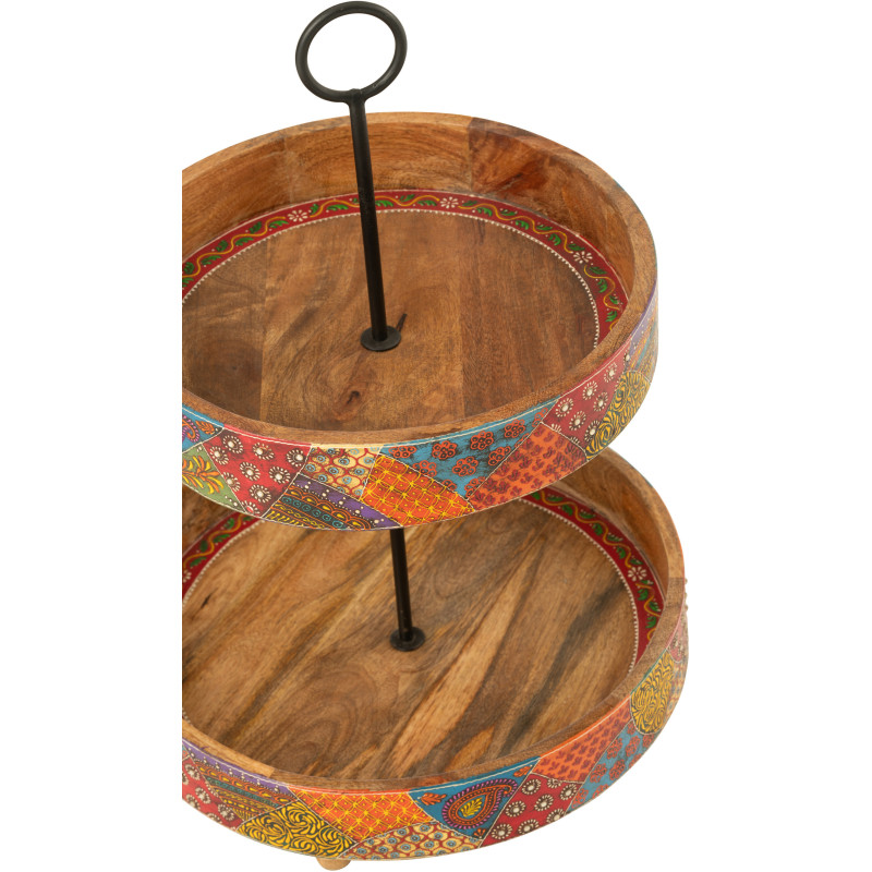 Grand Présentoir de table indien 2 Plateaux Rond 40 cm Bois de manguier Naturel Motif multicolore Delhi 