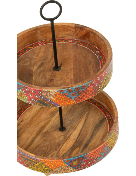 Grand Présentoir de table indien 2 Plateaux Rond 40 cm Bois de manguier Naturel Motif multicolore Delhi 