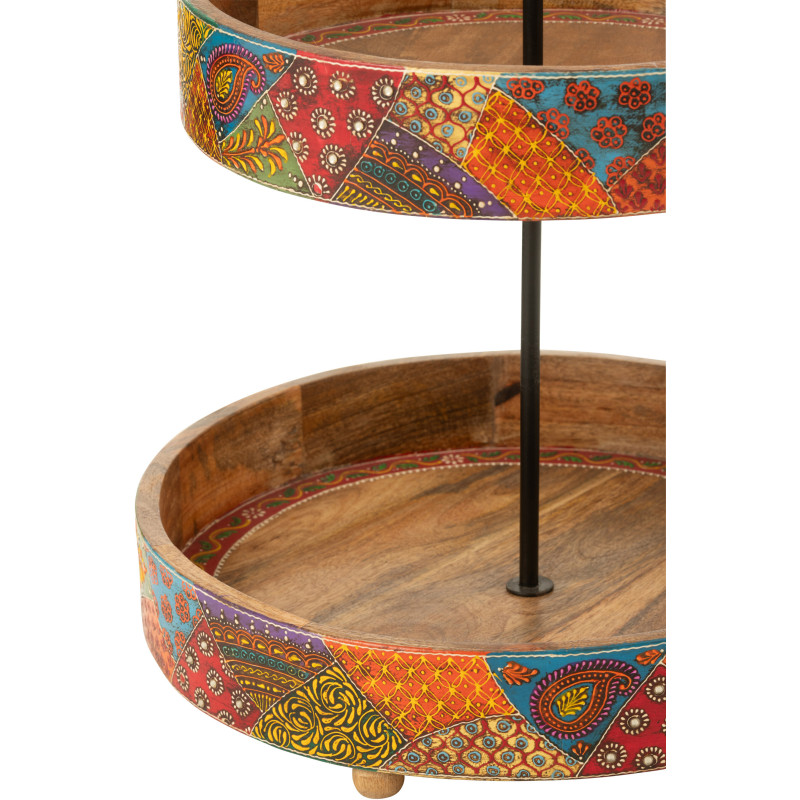 Grand Présentoir de table indien 2 Plateaux Rond 40 cm Bois de manguier Naturel Motif multicolore Delhi 