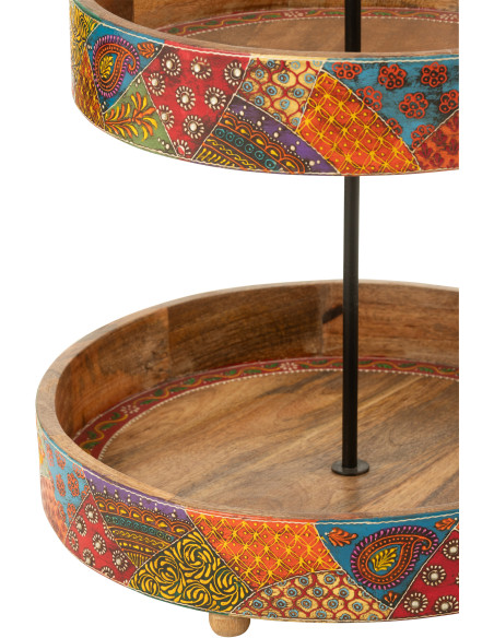 Grand Présentoir de table indien 2 Plateaux Rond 40 cm Bois de manguier Naturel Motif multicolore Delhi 