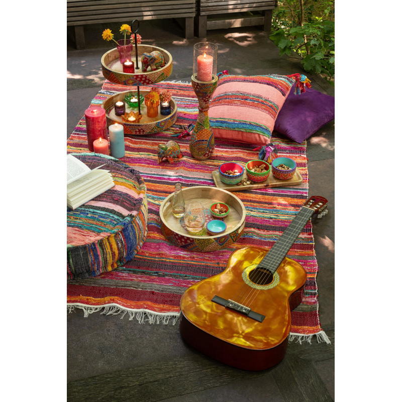 Grand Présentoir de table indien 2 Plateaux Rond 40 cm Bois de manguier Naturel Motif multicolore Delhi 