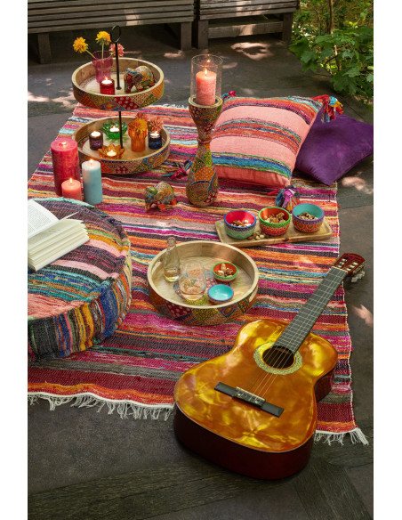 Grand Présentoir de table indien 2 Plateaux Rond 40 cm Bois de manguier Naturel Motif multicolore Delhi 
