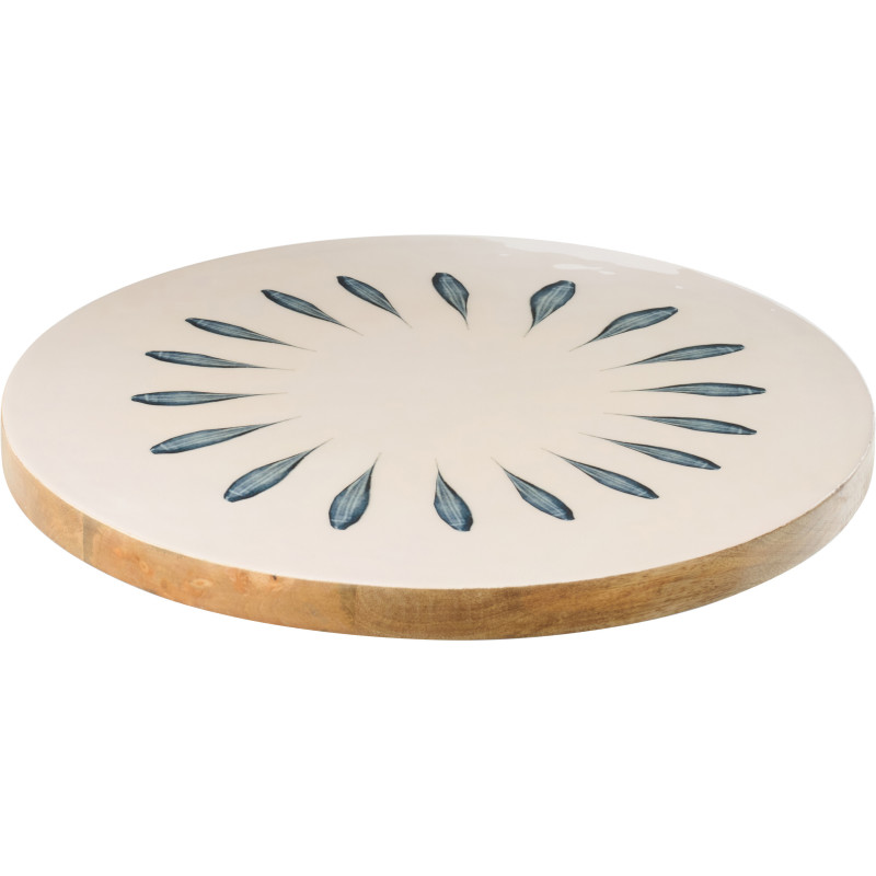 Grand Plateau tournant japandi Rond 45 cm Bois de manguier Blanc Bleu foncé Naturel Kizuna 