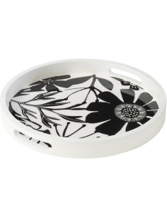 Grand Plateau tournant Japandi chic Rond 45 cm Bois de manguier Noir Blanc Motif fleurs Florikio 