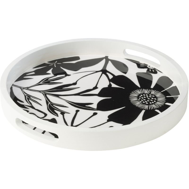 Grand Plateau tournant Japandi chic Rond 45 cm Bois de manguier Noir Blanc Motif fleurs Florikio 