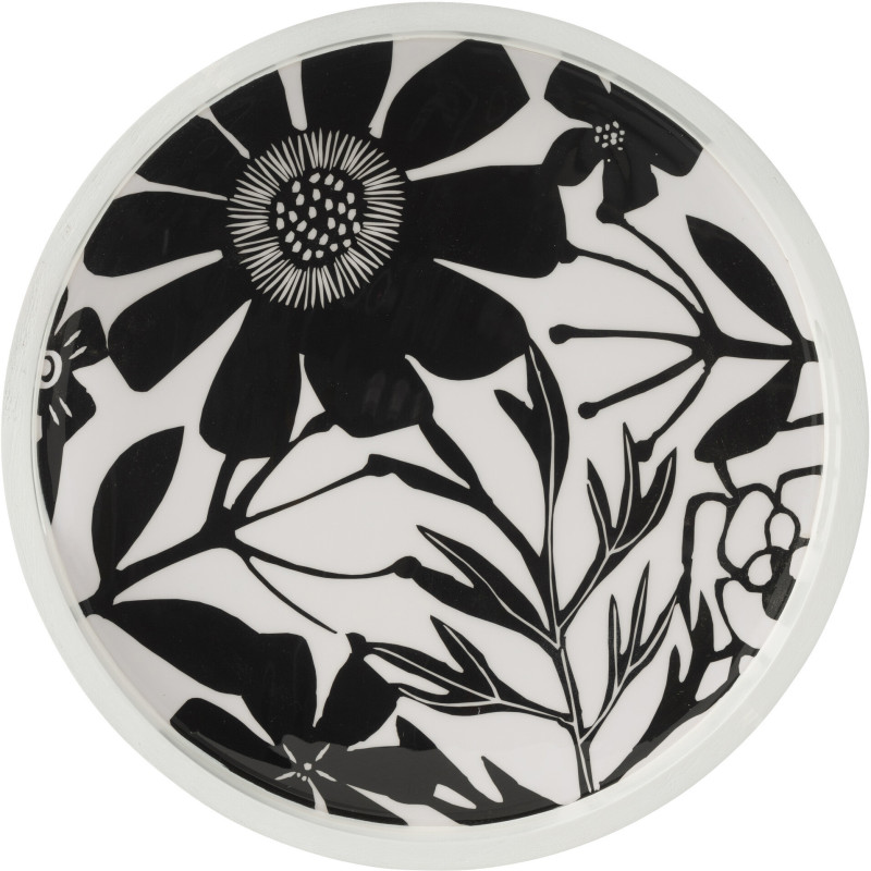 Grand Plateau tournant Japandi chic Rond 45 cm Bois de manguier Noir Blanc Motif fleurs Florikio 