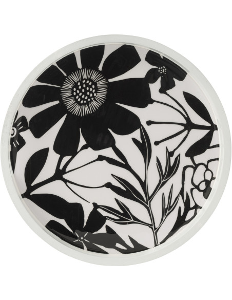 Grand Plateau tournant Japandi chic Rond 45 cm Bois de manguier Noir Blanc Motif fleurs Florikio 