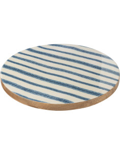 Grand Plateau tournant bord de mer Rond 45 cm Bois de manguier Bleu Blanc Motif rayures Aonani 