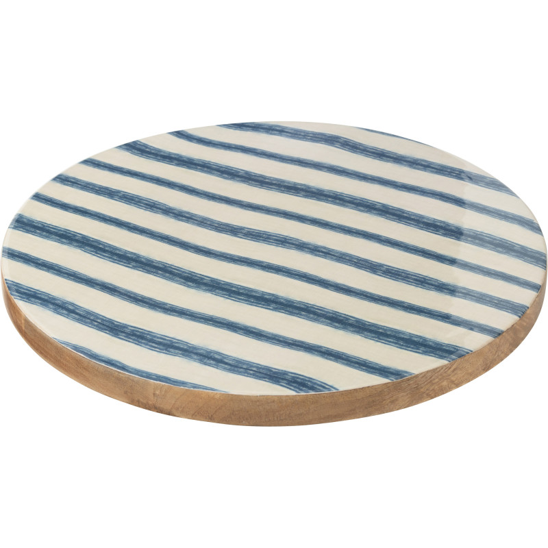 Grand Plateau tournant bord de mer Rond 45 cm Bois de manguier Bleu Blanc Motif rayures Aonani 