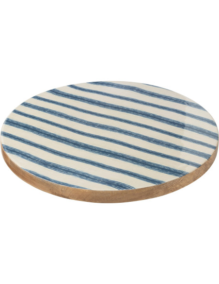 Grand Plateau tournant bord de mer Rond 45 cm Bois de manguier Bleu Blanc Motif rayures Aonani 