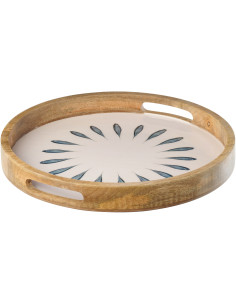 Grand Plateau de service japandi Rond 40 cm Bois de manguier Blanc Bleu foncé Naturel Kizuna J-Line - 1