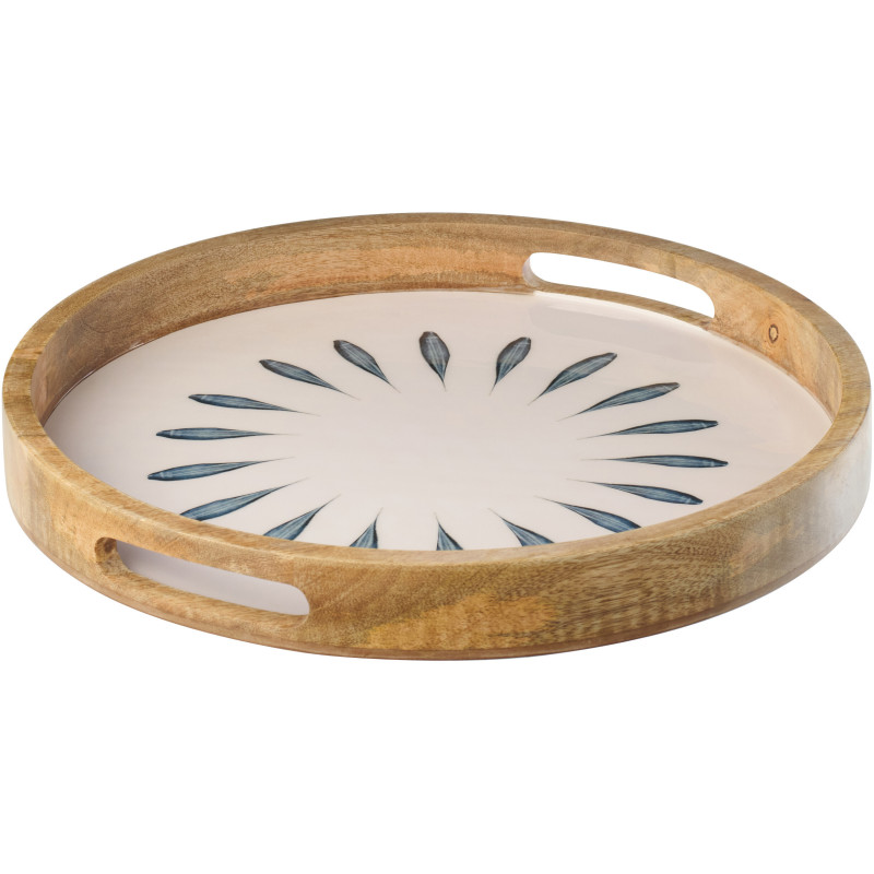 Grand Plateau de service japandi Rond 40 cm Bois de manguier Blanc Bleu foncé Naturel Kizuna J-Line - 1