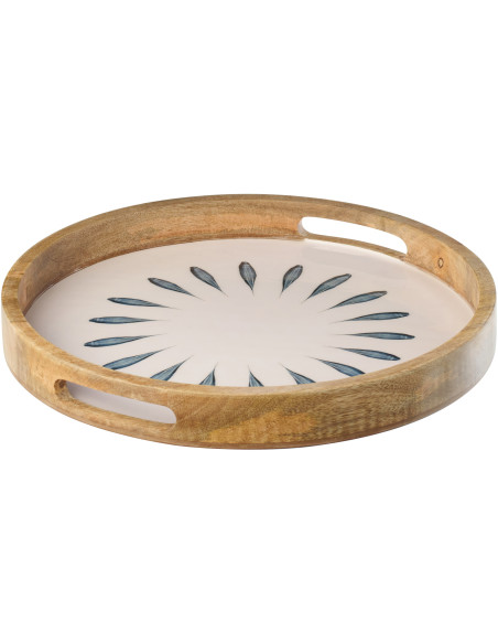 Grand Plateau de service japandi Rond 40 cm Bois de manguier Blanc Bleu foncé Naturel Kizuna J-Line - 1