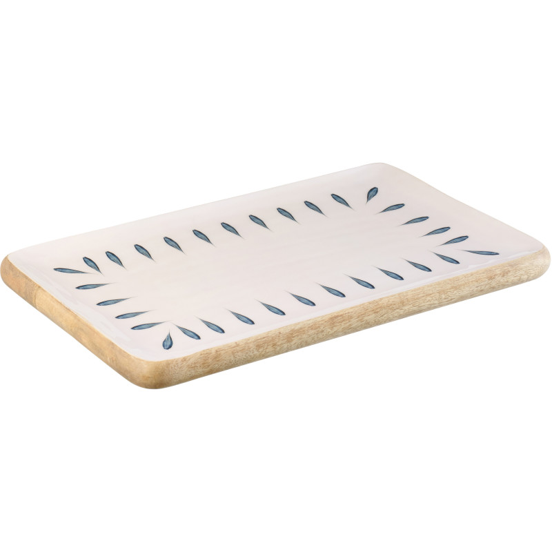 Grand Plat japandi Rectangulaire 40 cm Bois de manguier Blanc Bleu foncé Naturel Kizuna 