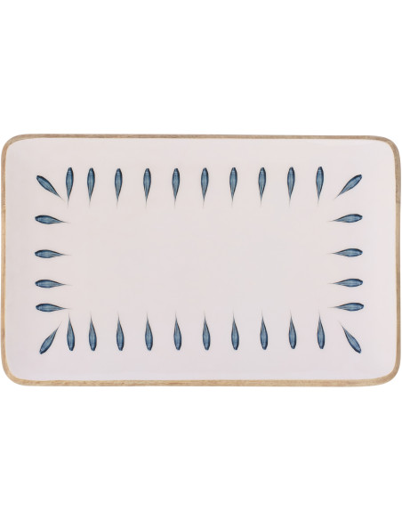 Grand Plat japandi Rectangulaire 40 cm Bois de manguier Blanc Bleu foncé Naturel Kizuna 