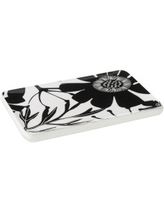 Grand Plat de service Japandi chic Rectangulaire 40 cm Bois de manguier Noir Blanc Motif fleurs Florikio 