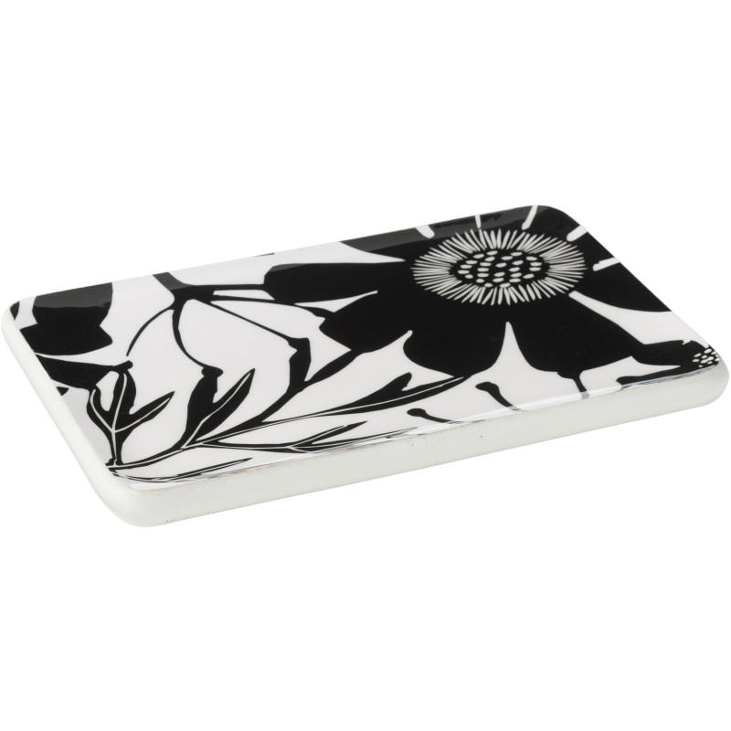 Grand Plat de service Japandi chic Rectangulaire 40 cm Bois de manguier Noir Blanc Motif fleurs Florikio 