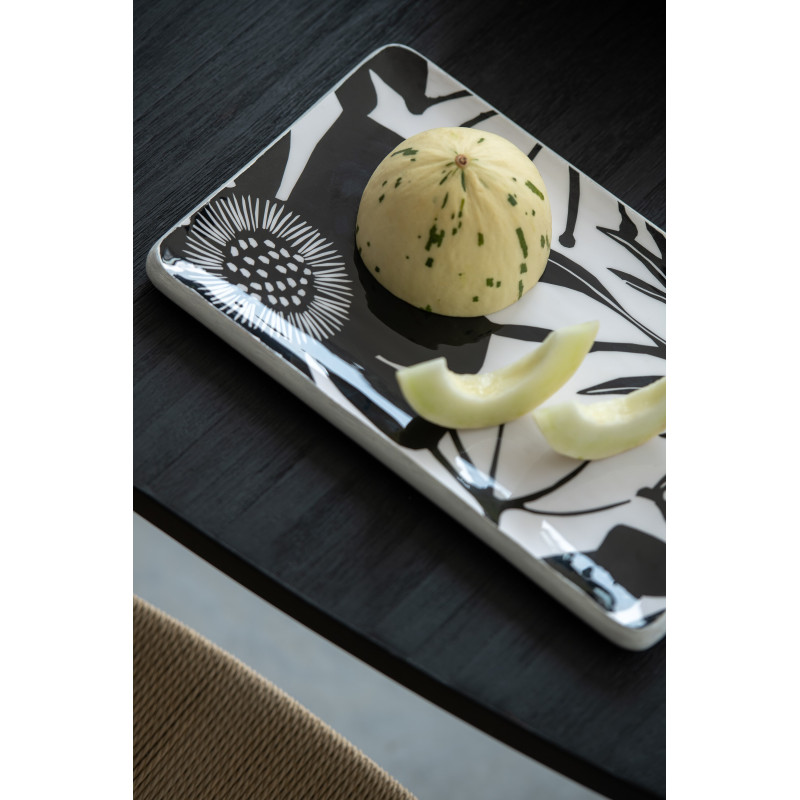 Grand Plat de service Japandi chic Rectangulaire 40 cm Bois de manguier Noir Blanc Motif fleurs Florikio 